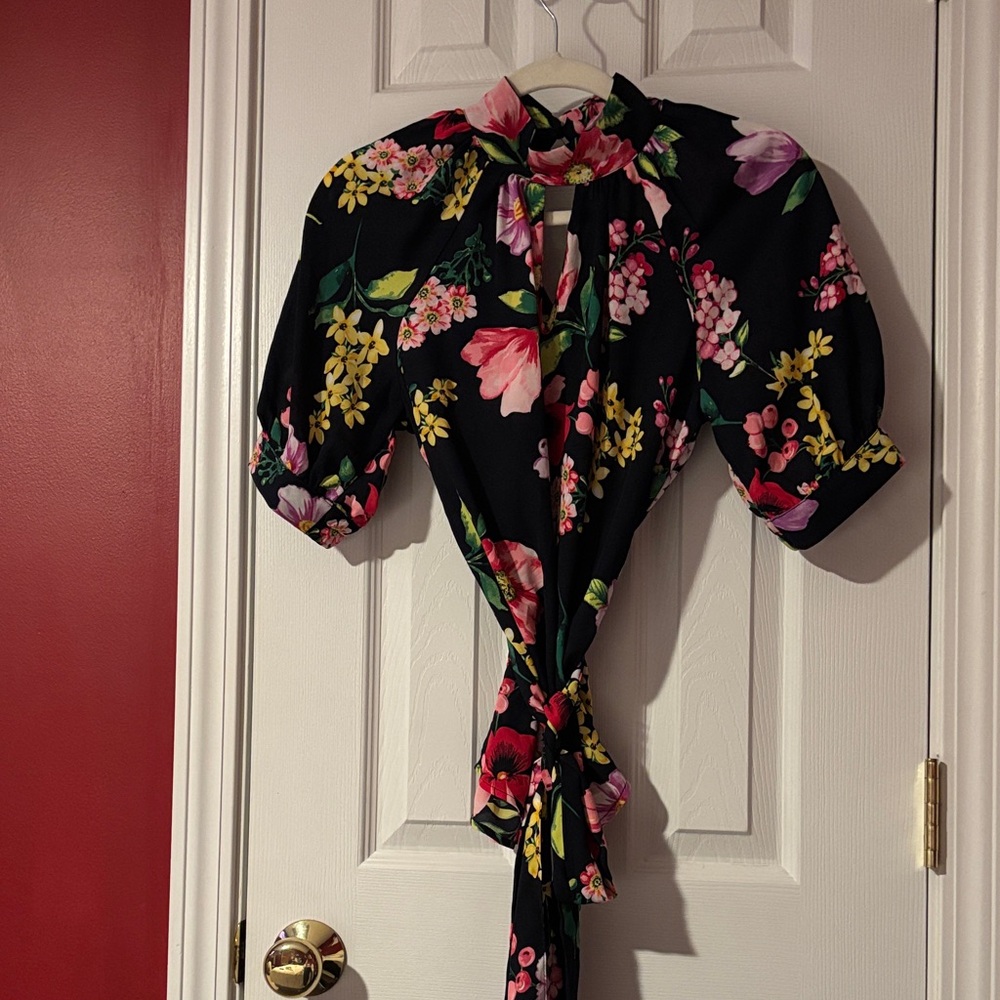 New York & Company Vibrant Floral Tie-Front Blouse